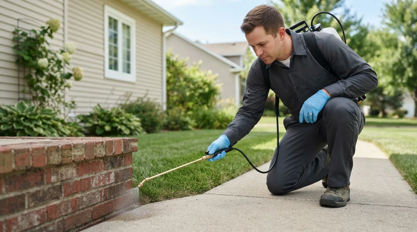 Pest control technician treating a home near Scales Mound, IL