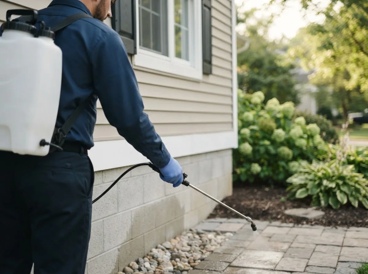Pest control technician inspecting a home in Scales Mound, IL